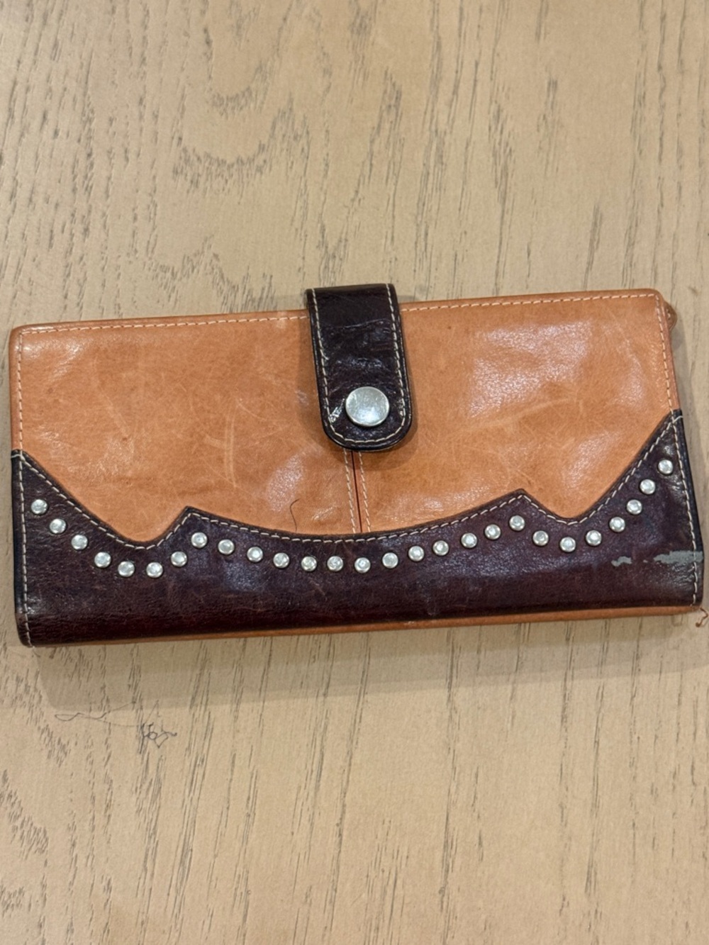 Leather Two-Tone Studded Wallet - Brown/Tan